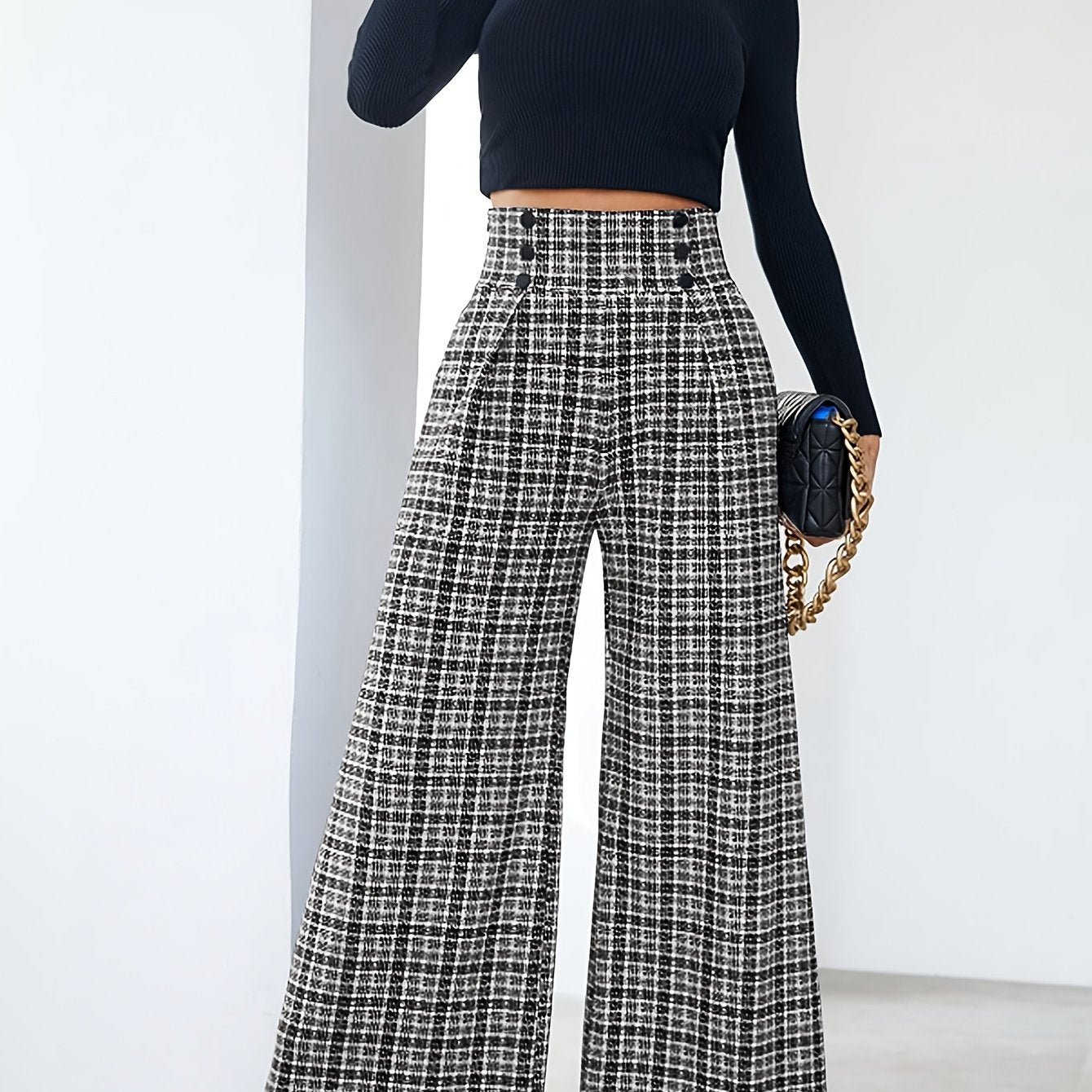 Wide-Leg Pants, Elegant Plaid Print with Button Embellishments and Pockets, Suitable for Various Occasions and Everyday Wear