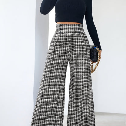 Wide-Leg Pants, Elegant Plaid Print with Button Embellishments and Pockets, Suitable for Various Occasions and Everyday Wear