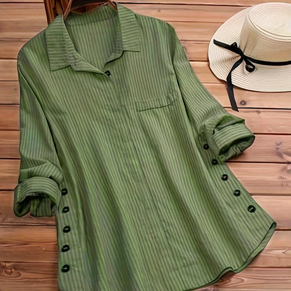 Spring/Autumn New Women's Solid Color Striped Button-Up Faux Pocket Striped Long Sleeve Long Shirt Top