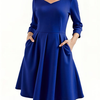 Elegant Women's Navy Blue Dress, Waist-Cinching Flared Skirt, Square Neck, Solid Color, Pocket Details, Perfect for Spring/Fall, Ideal for Daily Commute and Work Meetings