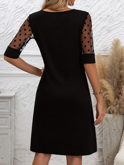 Women's Elegant Contrast Lace Sleeve Black Dress - A-Line Midi Length, Fitted Top & Flowy Hem, Machine Washable for Spring Summer Fall, Casual to Semi-Formal Occasions, Versatile Wardrobe Staple, Feminine Silhouette, Quality Stitching, Office Wear, Breath