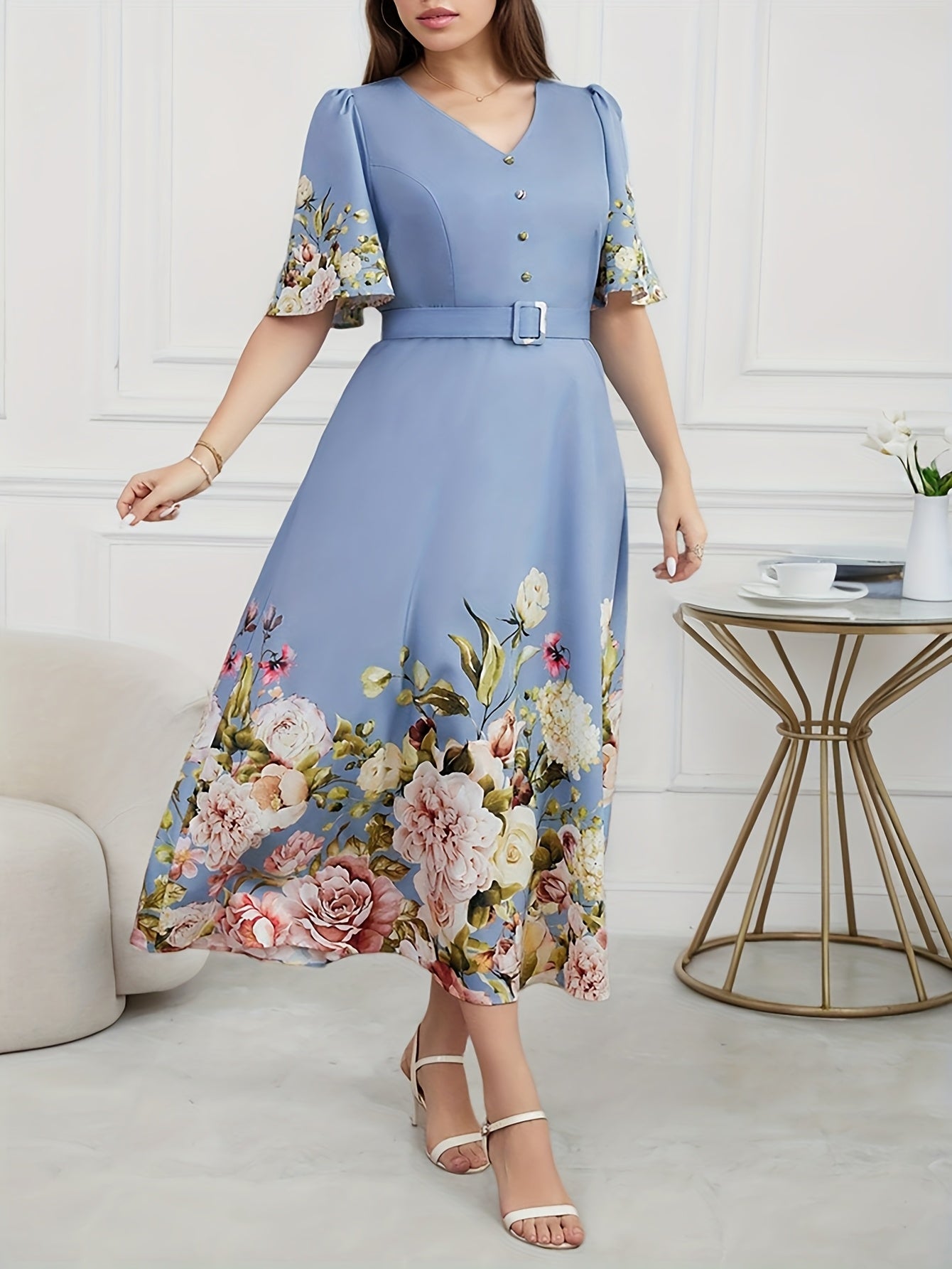 Plus Size, Plus Size Women's Spring/Summer Floral Print Elegant High-Waisted V-Neck Short Sleeve Dress