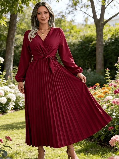 Directed Hot Style Real Shot 2024 European And American Spring And Autumn Temperament Cross V-Neck Large Swing Pleated Long Dress