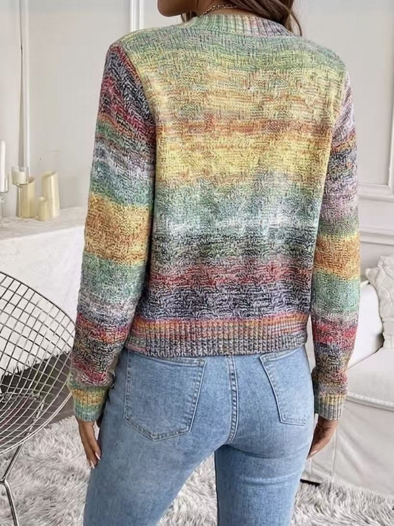 Women's Cardigan Sweater, Soft Acrylic Gradient Color Block Lightweight Blouse, Hand Washable Glossy Vibe, Suitable for Spring Summer Fall Winter Layering, Elegant for Home Office & Casual Wear