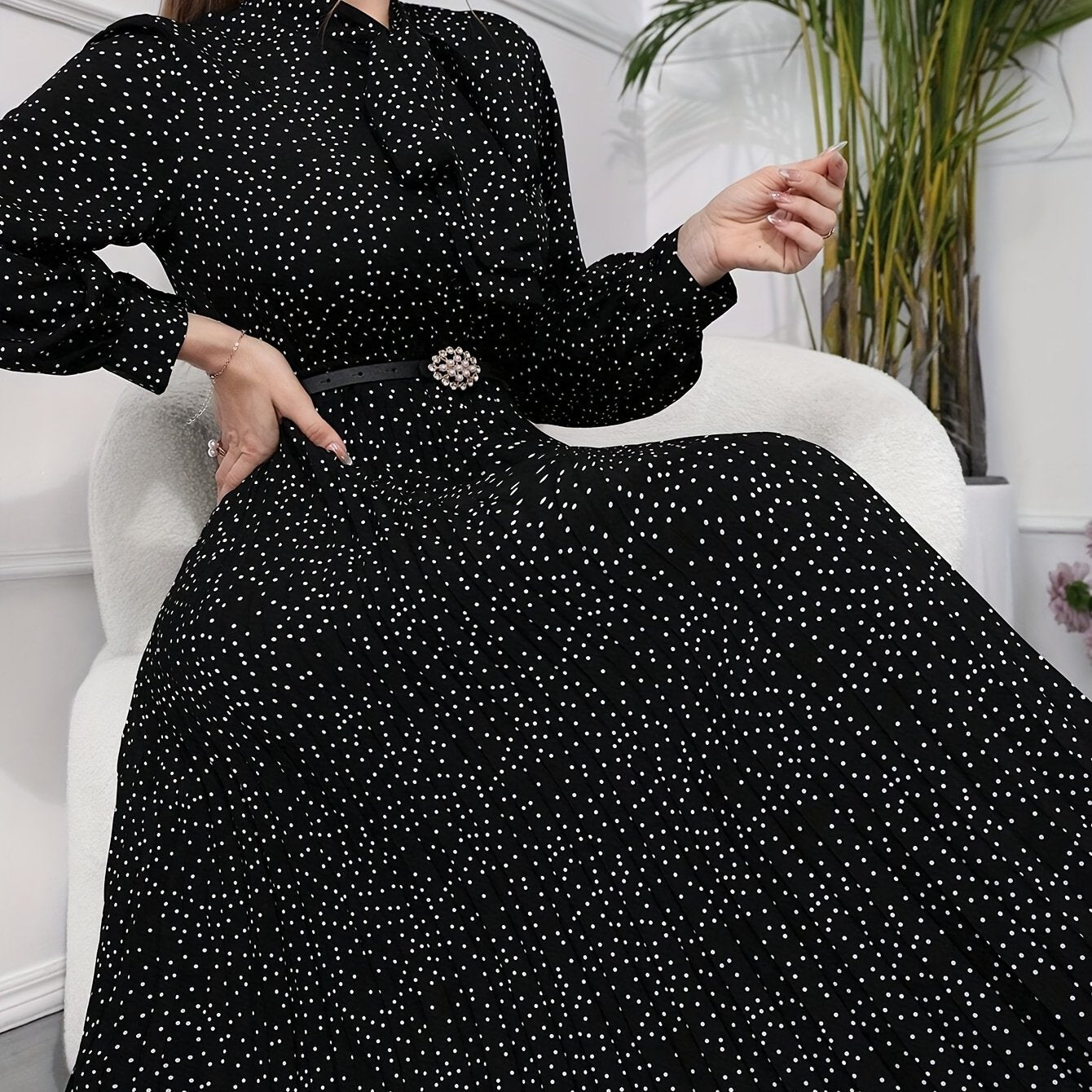 Pleated Allover Print Tie Neck Dress, Elegant Long Sleeve Dress For Spring & Fall, Women's Clothing