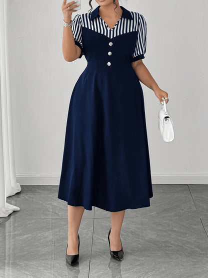 Plus Size Navy Striped Shirt Dress Retro Puff Sleeve V-Neck Midi Dress Women'S Elegant Commute A-Line Skirt