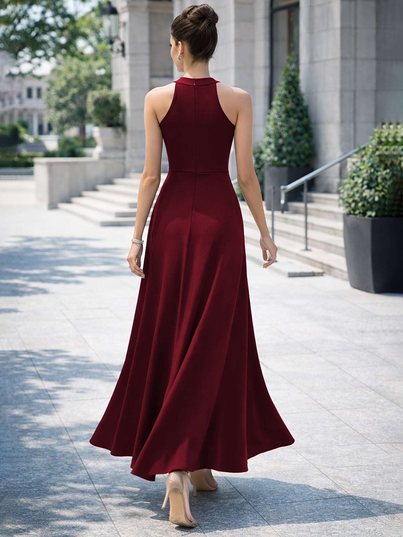 Women's Sleeveless Long Dress with High Neckline, High-waisted Cinched Cut, Side High Slit Hem Structure, and Flowing A-line Silhouette. Suitable for Banquets, Parties, and Formal Occasions