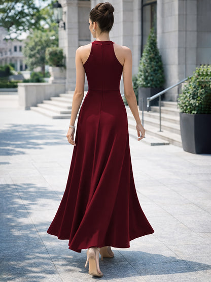 Women's Sleeveless Long Dress with High Neckline, High-waisted Cinched Cut, Side High Slit Hem Structure, and Flowing A-line Silhouette. Suitable for Banquets, Parties, and Formal Occasions