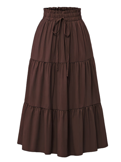 Women's Olive Green Pleated Midi Skirt - Lightweight Adjustable Drawstring Waist, Hand Washable Spring/Summer Elegant Solid Color Skirt for Casual & Formal Outfits, Casual Attire, Nontransparent Fabric, Spring Fashion, Classic Style, Breathable Material,