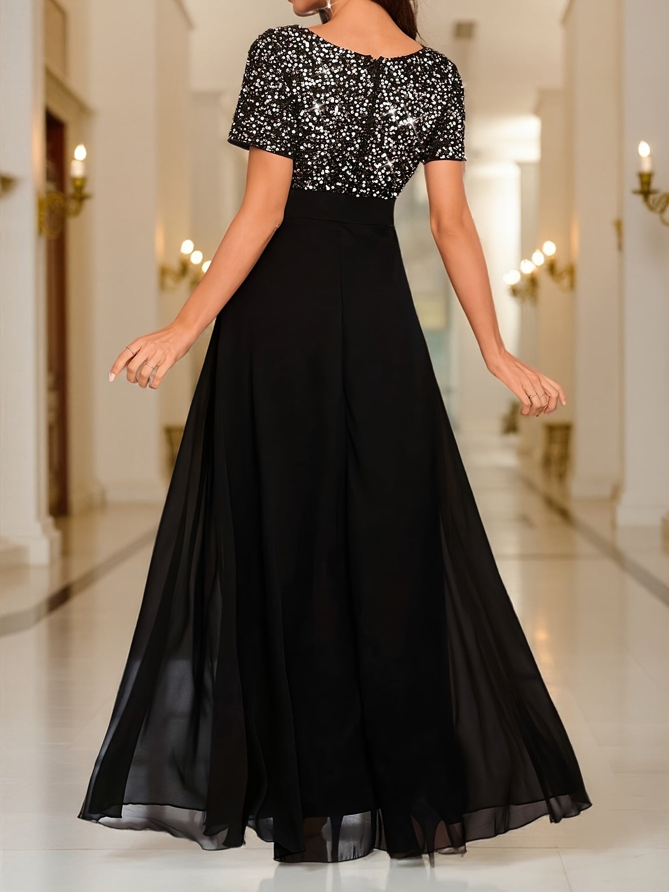 Sequin Spliced Formal Dress Elegant Prom Wedding Guest Gown, Contrast Sequin Chiffon Formal Dress, V-Neck Short Sleeve Sequin Patchwork Slim Fit Long Dress for Graduation Dress, Bride Dress, Birthday Women Outfits, Party Dress, Evening