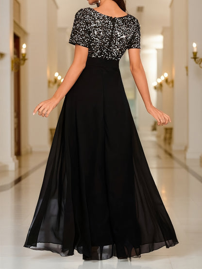 Sequin Spliced Formal Dress Elegant Prom Wedding Guest Gown, Contrast Sequin Chiffon Formal Dress, V-Neck Short Sleeve Sequin Patchwork Slim Fit Long Dress for Graduation Dress, Bride Dress, Birthday Women Outfits, Party Dress, Evening