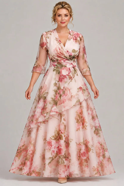 Flycurvy Plus Size Wedding Guest Pink Organza Floral Print Wrap 3/4 Sleeve Layered Asymmetrical Hem Maxi Dress