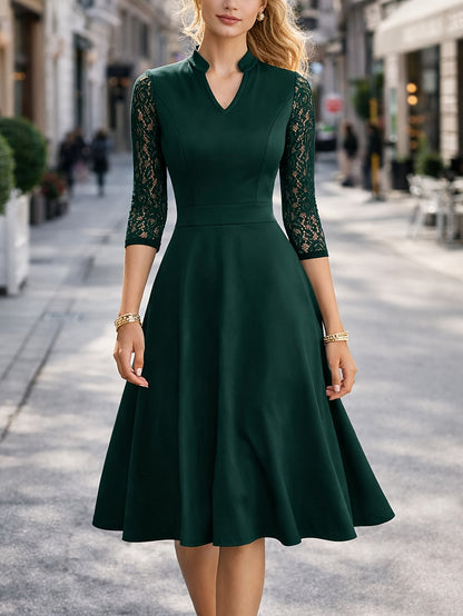 Women's Slim-fit Dress, Elegant Tailored Design, Suitable for Both Commuting and Parties, Long Sleeves with Lace Detailing, Waist-cinching Design, Mid-length for Autumn and Winter Workwear