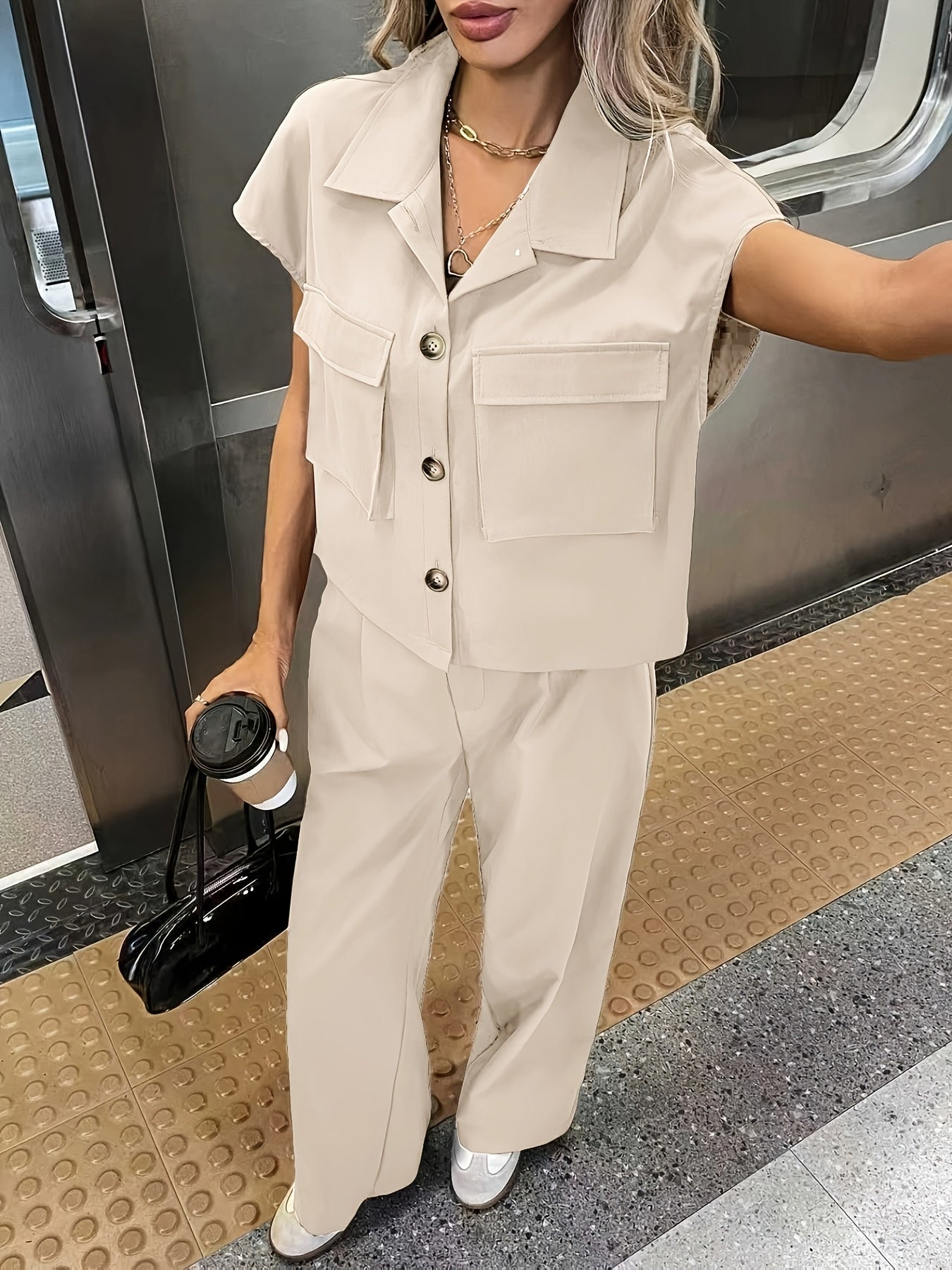 Women's Casual Solid Color Shirt and Pants 2pcs Set, Spring Summer 2pcs Set: Solid Color Button-Up Short Sleeve Top and Pocket Pants, Women's Casual Elegant Spring Summer 2pcs Outfit, Women's Outing and Date Wear, Spring Summer Women's Clothing