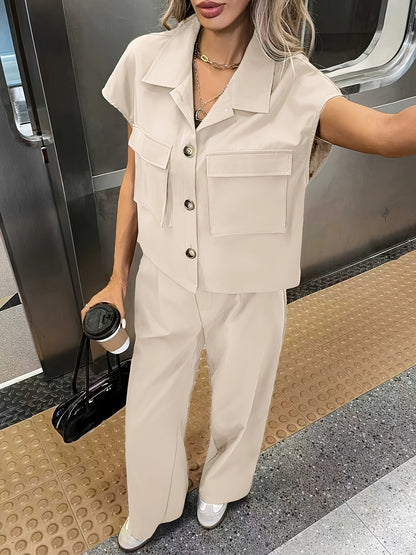 Women's Casual Solid Color Shirt and Pants 2pcs Set, Spring Summer 2pcs Set: Solid Color Button-Up Short Sleeve Top and Pocket Pants, Women's Casual Elegant Spring Summer 2pcs Outfit, Women's Outing and Date Wear, Spring Summer Women's Clothing