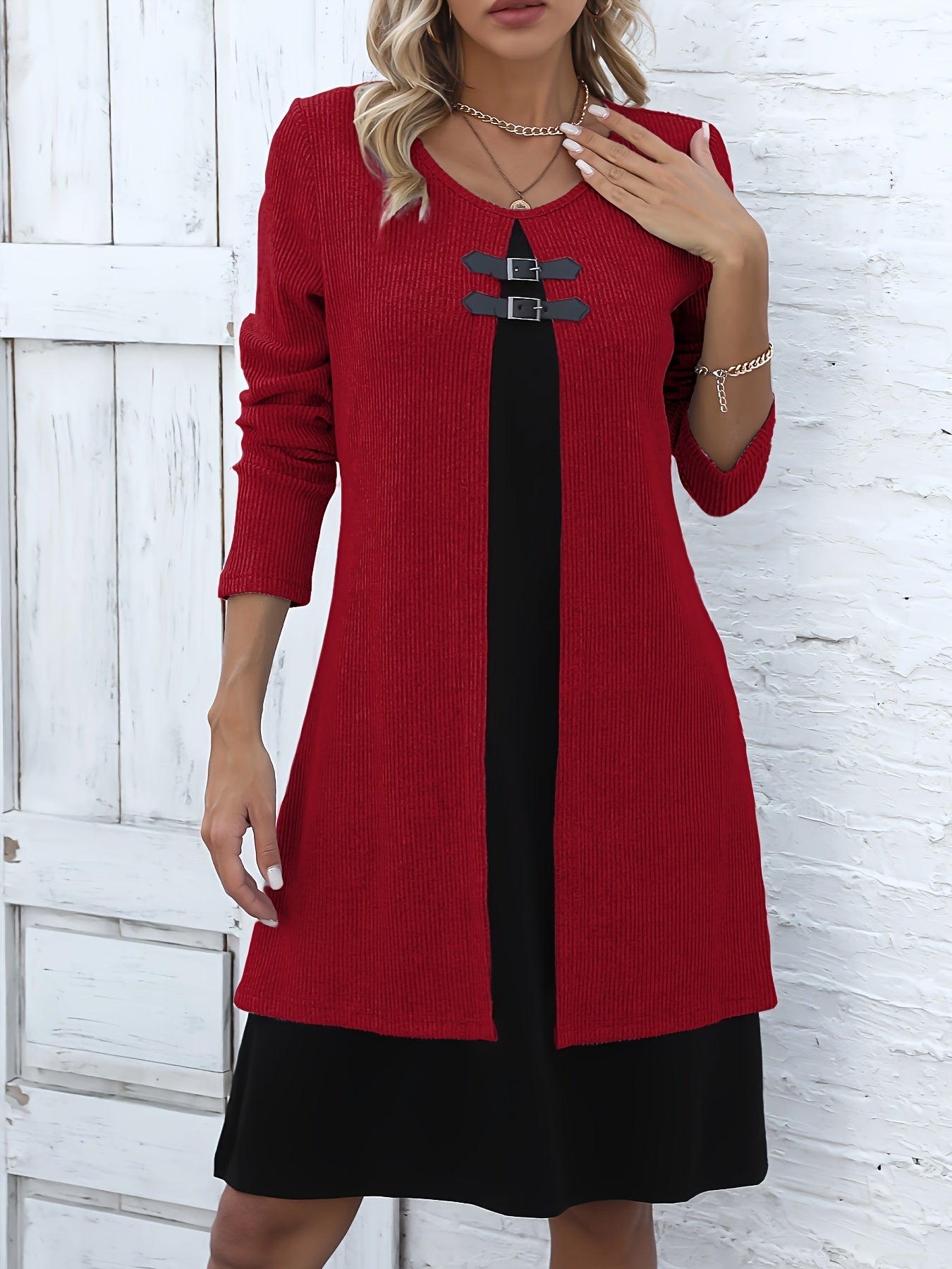 Autumn/Winter New Round Neck 2-in-1 Look Spliced Color-Block Women's Fashion Elegant Dress