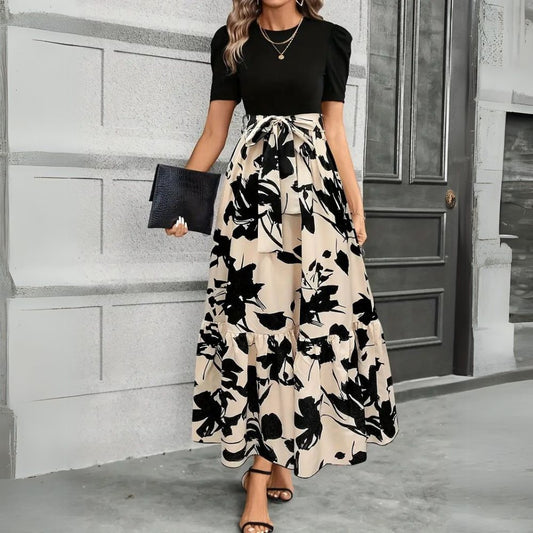 Elegant Floral Print Maxi Dress for Women with Round Neck Puff Sleeve Belted Tiered Hem Flowing Style