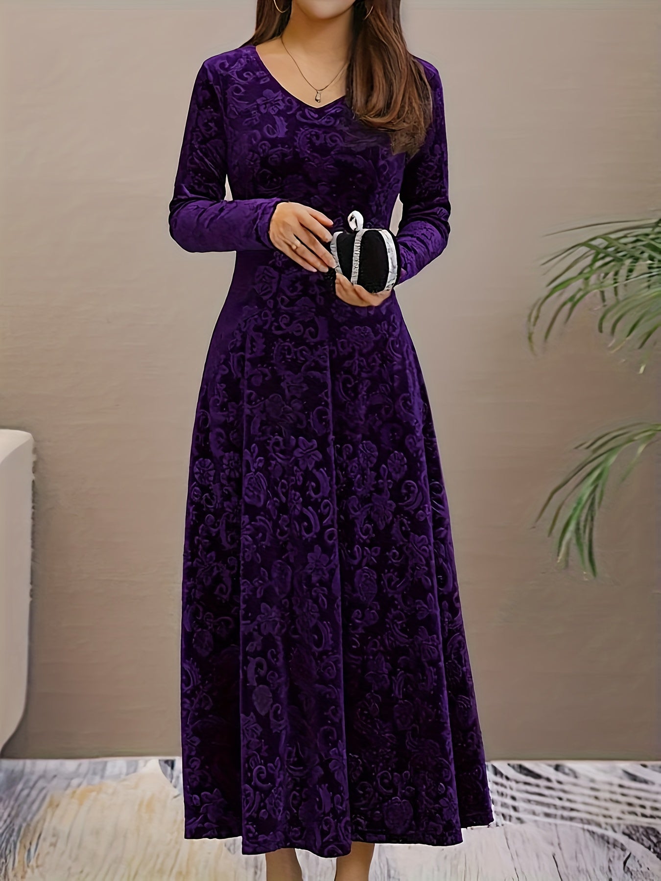2025 Long Sleeve Velvet Jacquard Dress