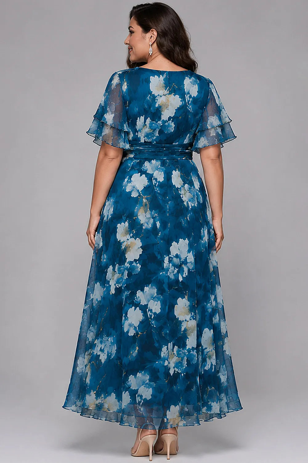 Flycurvy Plus Size Wedding Guest Blue Chiffon Floral Print Wrap Layered Flutter Sleeve Maxi Dress