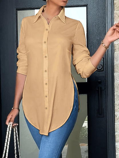 Women'S Elegant Long Sleeve Button-Front Blouse - Non-See-Through Shirt with Side Slit, All-Season Office & Everyday Blouse for Women, Professional Casual Outfits - Easy-care Clothing, Ladies Blouses, Work Attire, Stylish Shirt, Fashion Lovers