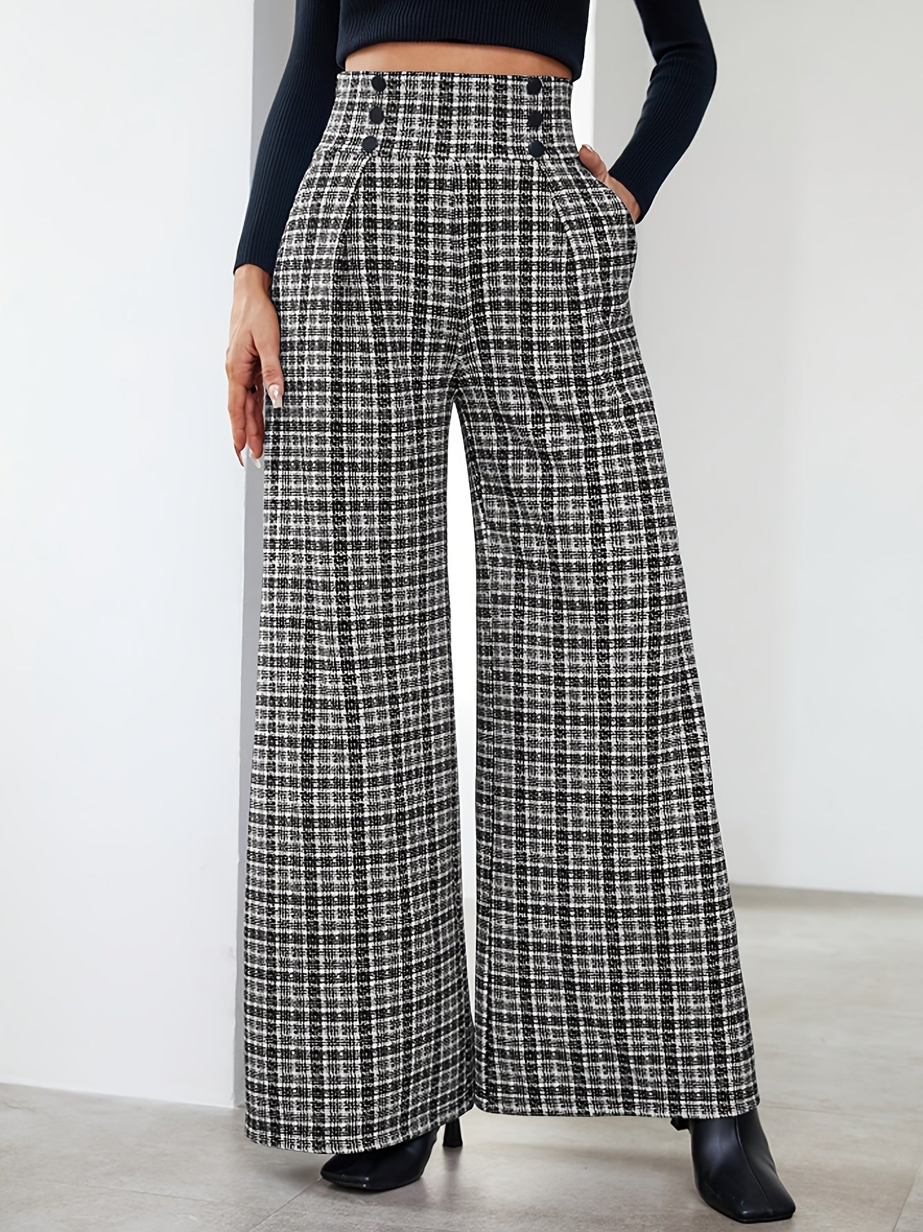 Wide-Leg Pants, Elegant Plaid Print with Button Embellishments and Pockets, Suitable for Various Occasions and Everyday Wear
