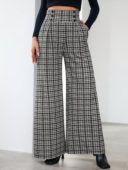 Wide-Leg Pants, Elegant Plaid Print with Button Embellishments and Pockets, Suitable for Various Occasions and Everyday Wear