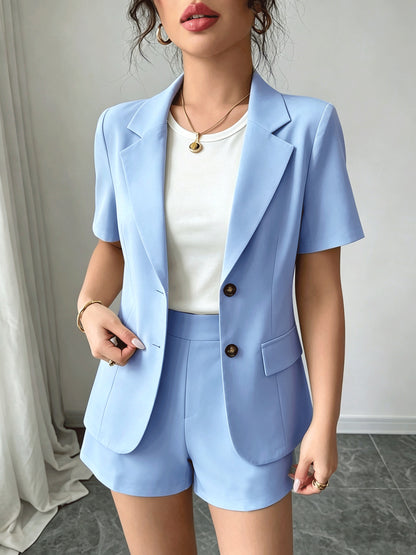 Elegant Casual Commuter Suit Set, Solid Color Short-Sleeve Blazer, Shorts/Wide-Leg Pants, Women's Spring/Summer Style