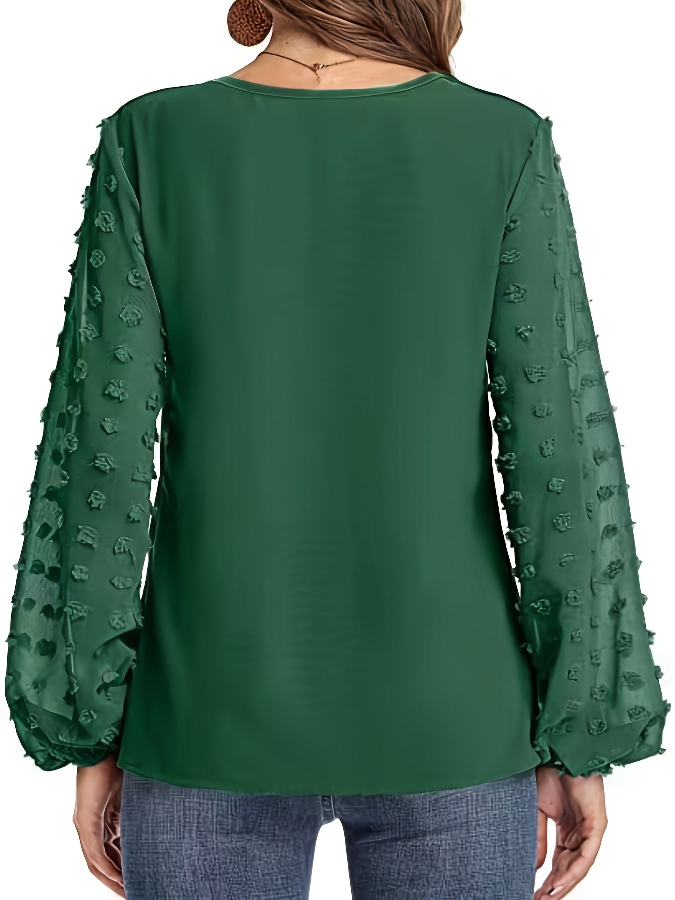Swiss Dot Sleeve Shirt, Casual V Neck Solid Shirt For Spring & Fall, Women's Clothing