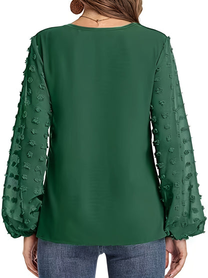 Swiss Dot Sleeve Shirt, Casual V Neck Solid Shirt For Spring & Fall, Women's Clothing