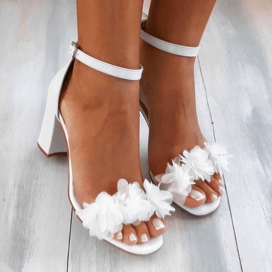Elegant White Floral Sandal for Women with Ankle Strap Block Heel Open Toe Style