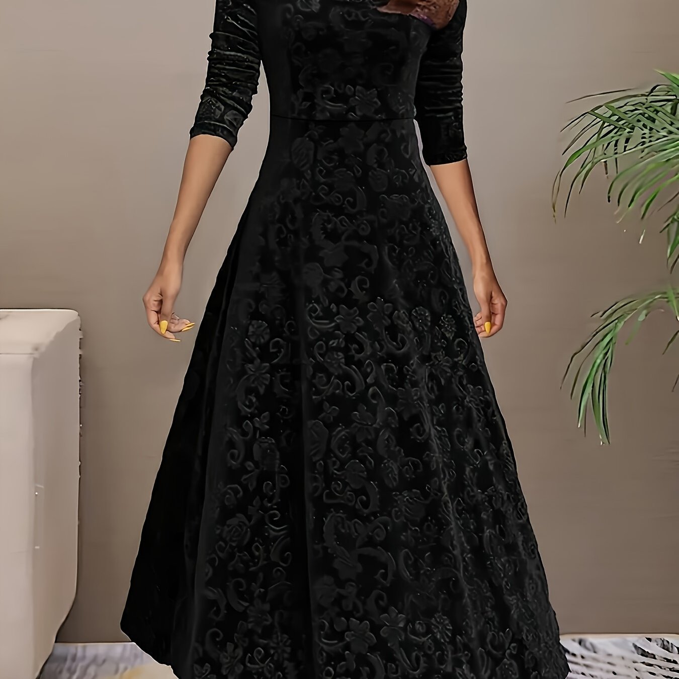 Directional Style Velvet Floral Pattern Long Sleeve Dress New Year Elegant Square Neck Dress