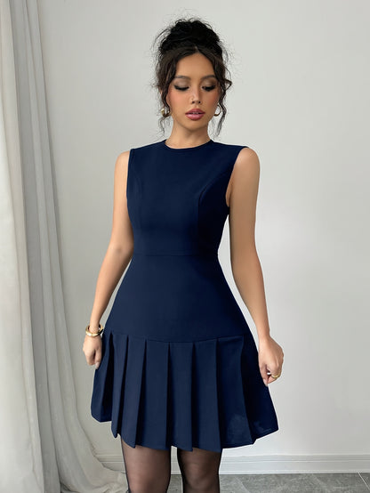 Women's Casual Sleeveless Elegant Solid Color Ruffle Hem Slim Fit Blue Mini Dress