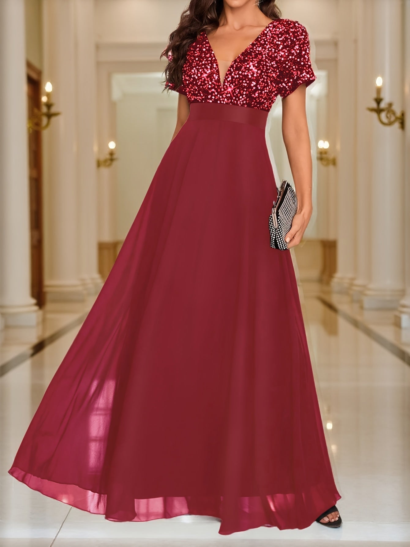 Sequin Spliced Formal Dress Elegant Prom Wedding Guest Gown, Contrast Sequin Chiffon Formal Dress, V-Neck Short Sleeve Sequin Patchwork Slim Fit Long Dress for Graduation Dress, Bride Dress, Birthday Women Outfits, Party Dress, Evening