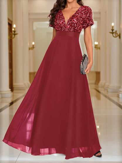 Sequin Spliced Formal Dress Elegant Prom Wedding Guest Gown, Contrast Sequin Chiffon Formal Dress, V-Neck Short Sleeve Sequin Patchwork Slim Fit Long Dress for Graduation Dress, Bride Dress, Birthday Women Outfits, Party Dress, Evening