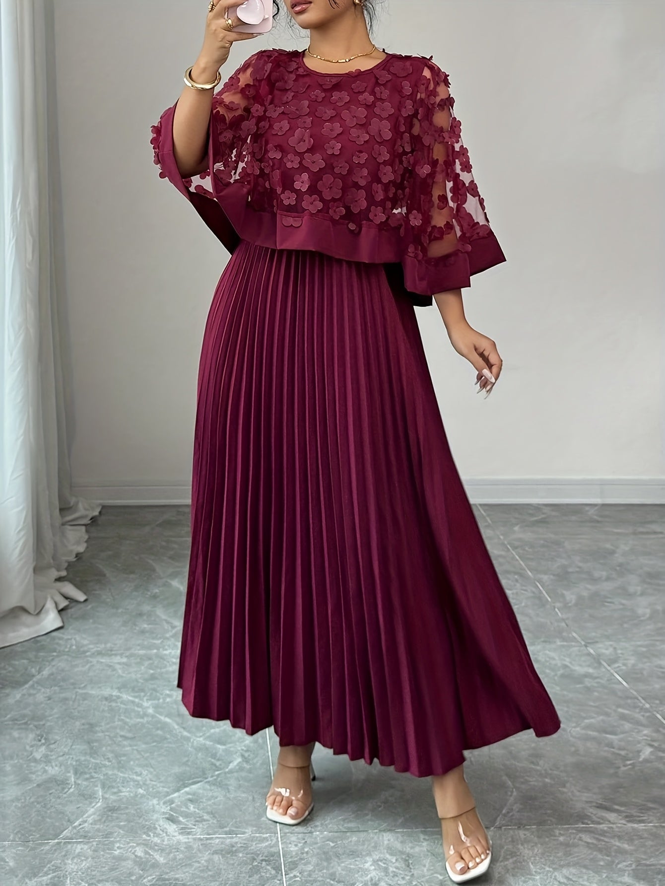 Elegant Floral Applique Two Piece Set for Women with Round Neck Flutter Sleeve Pleated Maxi Skirt Formal Style