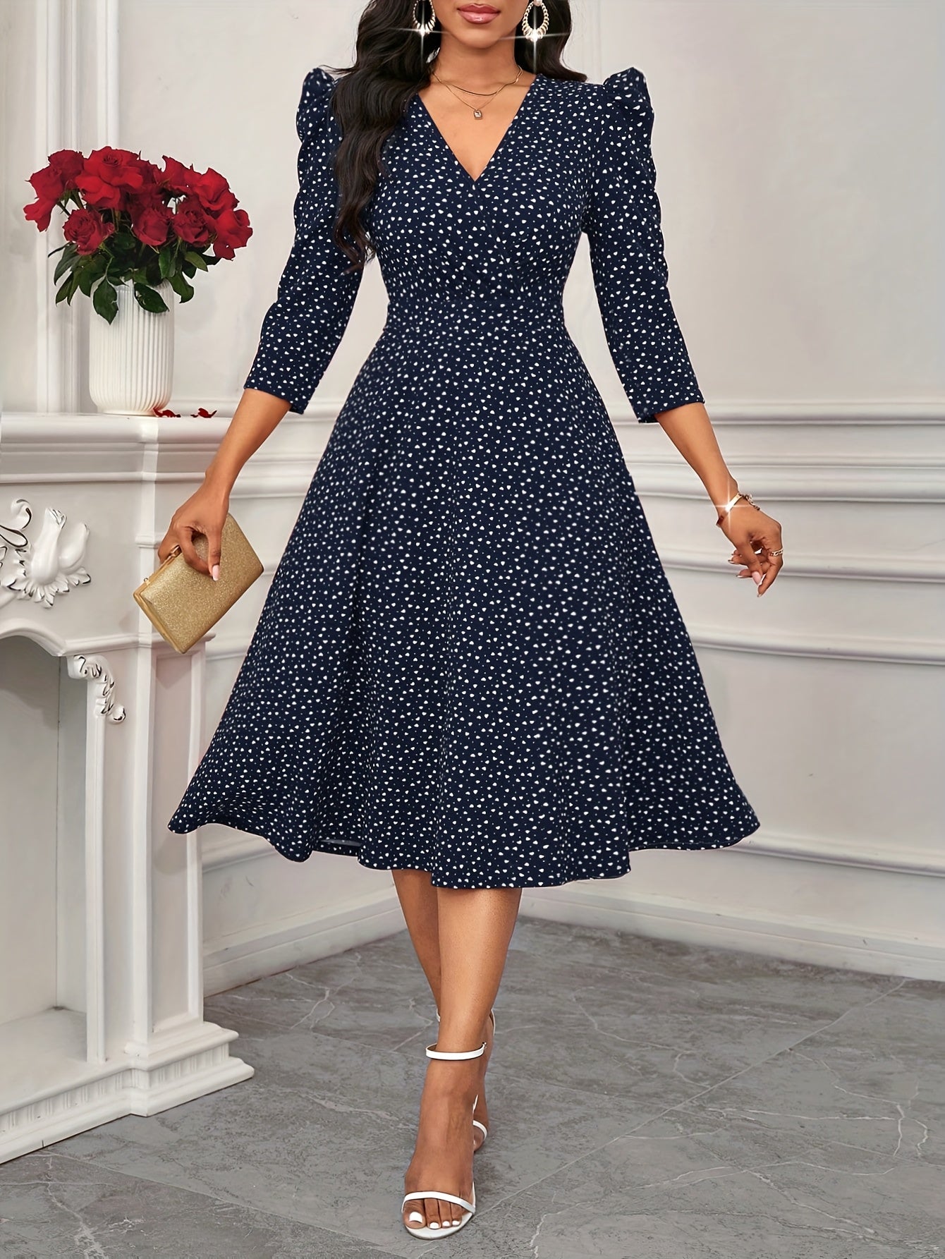 2026 New Valentine's Day, New Year Party, Suitable for Daily Work Wear, Suitable for All Seasons Elegant Fashion Versatile Daily Date V-Neck 3/4 Sleeve Waist Flared Long Red and Blue Women's Elegant Dress, Women's Polka Dot Small Heart Print Dress