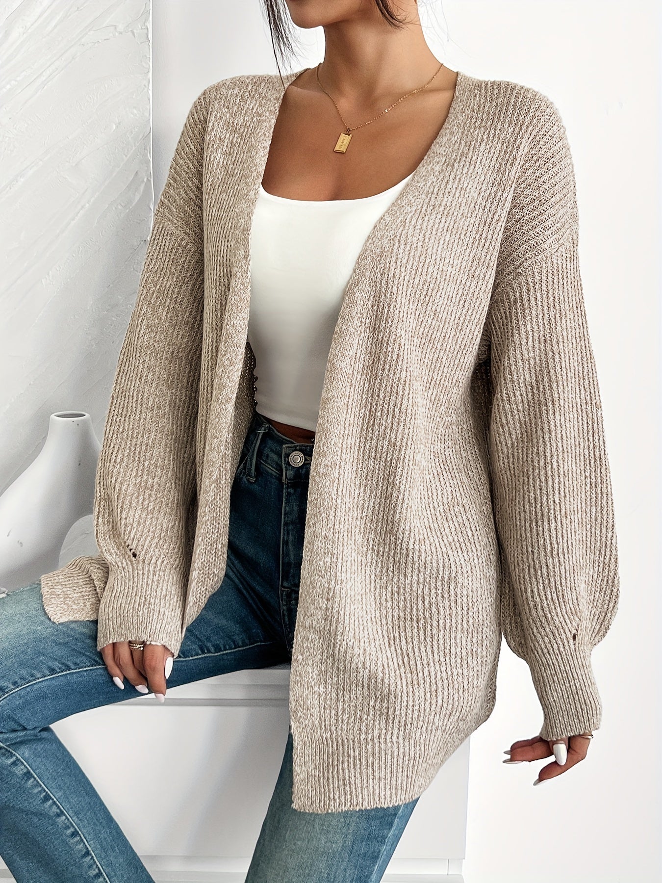 Women's Open Front Drop Shoulder Striped Solid Cardigan