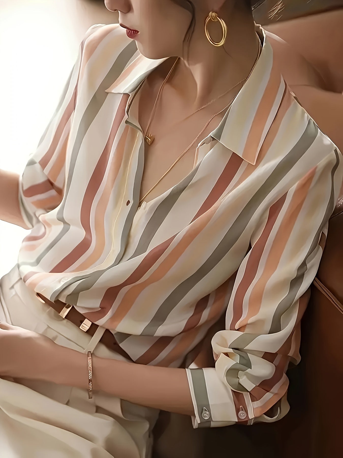 Women'S Casual Striped Shirt, Button-Up Design, Made Of, Suitable for Spring, Summer, And Autumn Casual Or Formal Wear | Classic Lapel Fashion Button-Up, Elegant Women'S Shirt, Beautiful Women'S Shirt, Autumn Women'S Top Trend, Women'S Clothing
