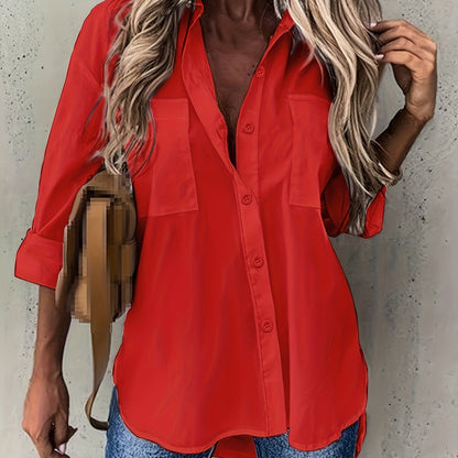 Solid Color Button-Up Long Sleeve Shirt for Women