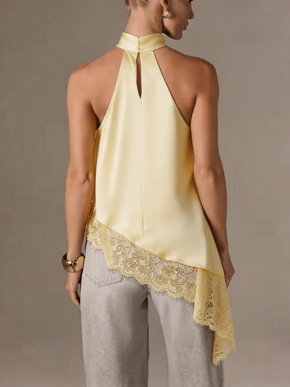 Halter Vest, Directional Style Elegant Temperament Top, Irregular Patchwork Lace Neckline