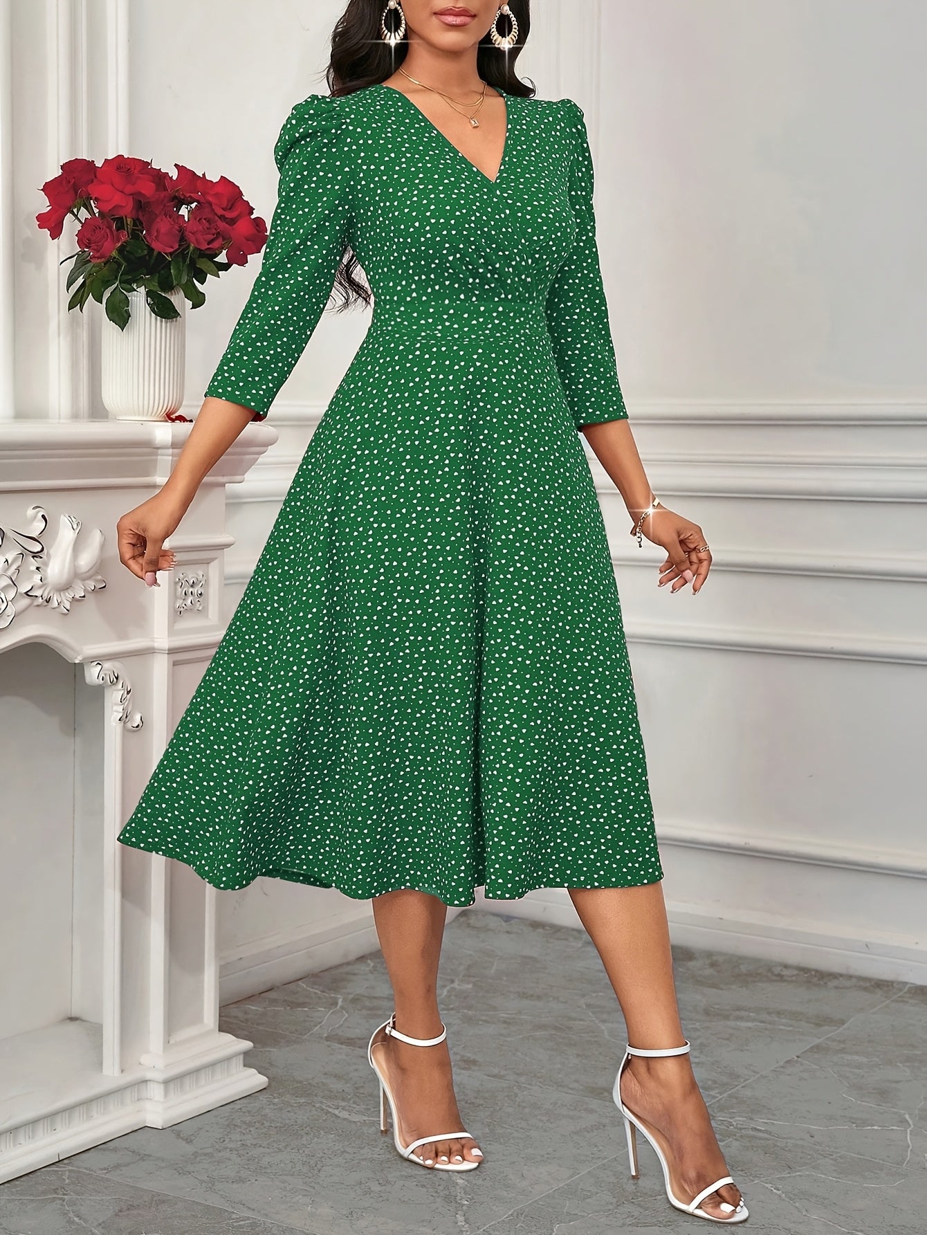 Women'S Valentine'S Day/New Year Party/Daily Work/Four Seasons Suitable Elegant Fashionable Versatile Daily Dating Round Neck Three Quarter Sleeve Waist Flared Long Red Dress, Little Heart Dress