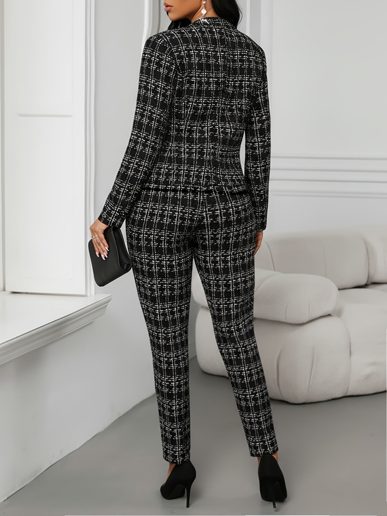 Elegant Plaid Suit 2pcs Set with Front Double-Breasted Button Detail, Trousers for Commuting and Casual Wear