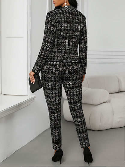 Elegant Plaid Suit 2pcs Set with Front Double-Breasted Button Detail, Trousers for Commuting and Casual Wear
