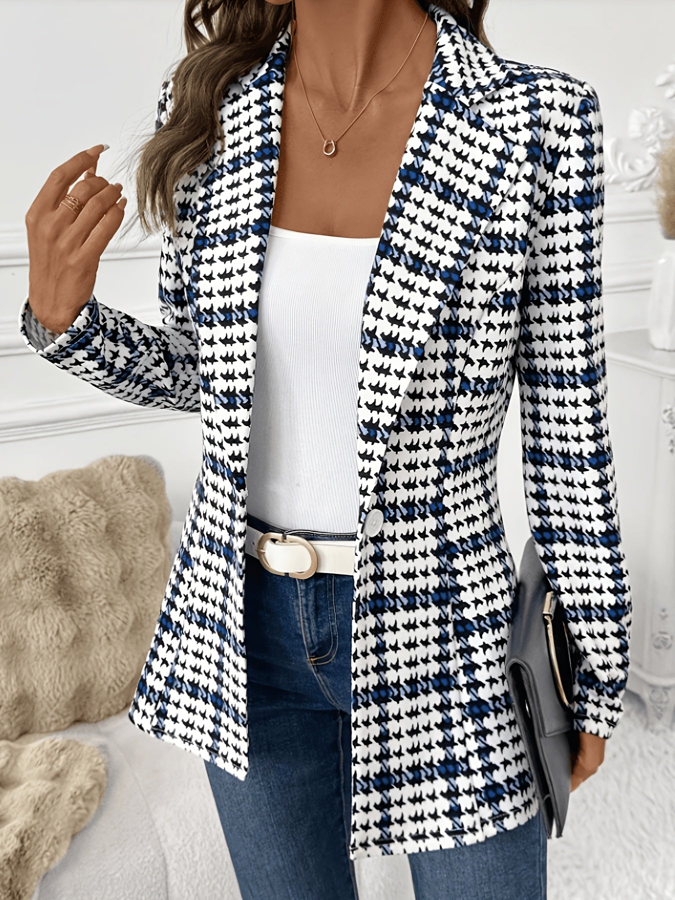 ASD1 Fashionable Women's Elegant Suit Jacket, Stylish Slim-Fit Houndstooth Print Lapel Blazer