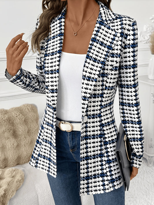 ASD1 Fashionable Women's Elegant Suit Jacket, Stylish Slim-Fit Houndstooth Print Lapel Blazer