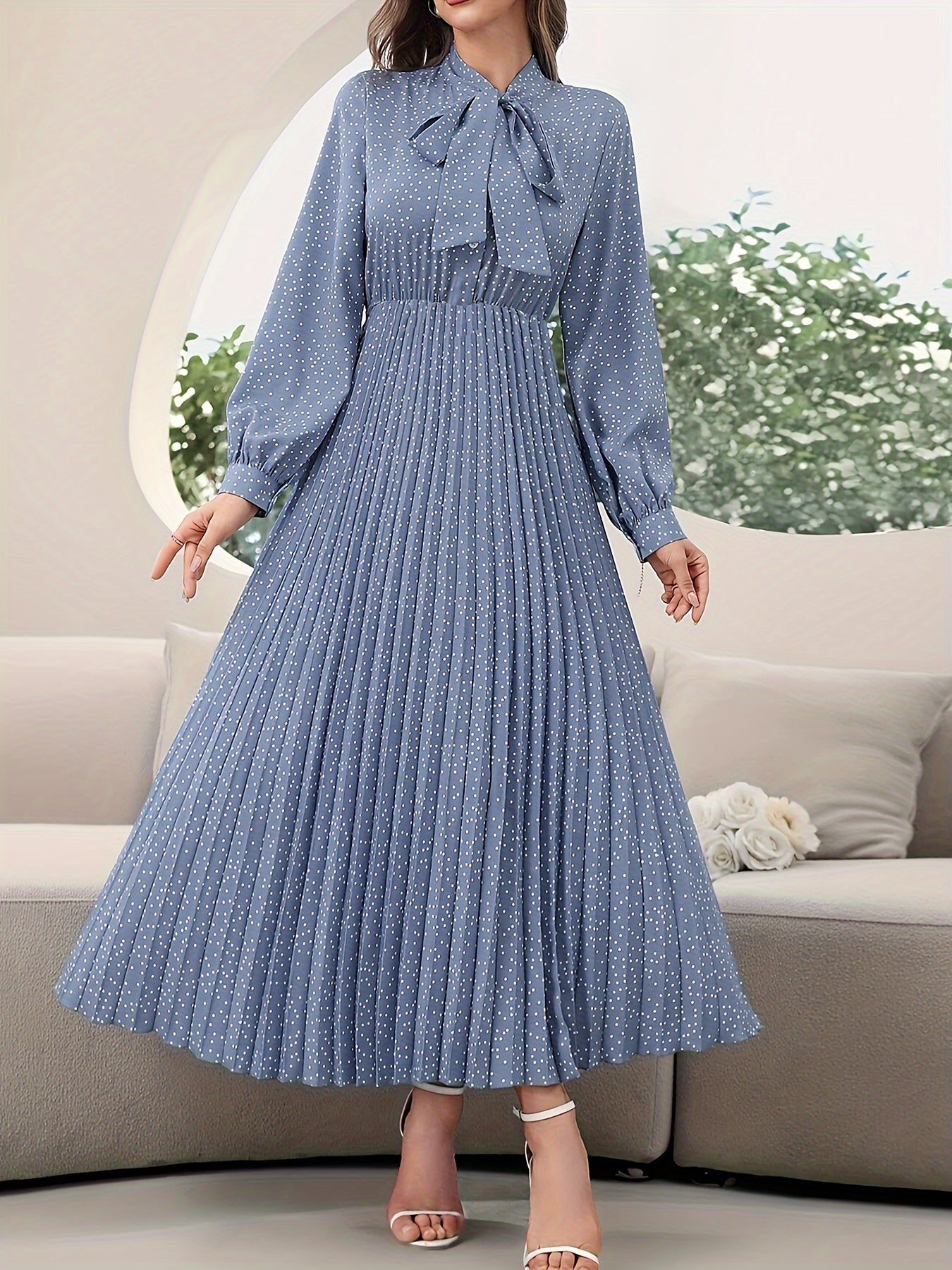 Pleated Allover Print Tie Neck Dress, Elegant Long Sleeve Dress For Spring & Fall, Women's Clothing