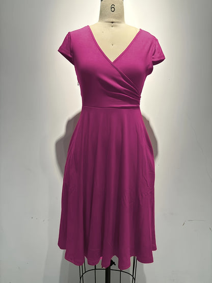 -Border Women'S Dress, Solid V-Neck Pocket A-Line Elegant
