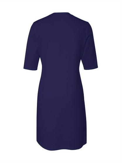 A-Line Dress Short Sleeve Round Neck Loose Fit Dress - Machine Washable Solid Color Casual Wedding Guest Dress for Spring Fall Outfits, Versatile Day to Evening Wear with Comfortable Loose Fit