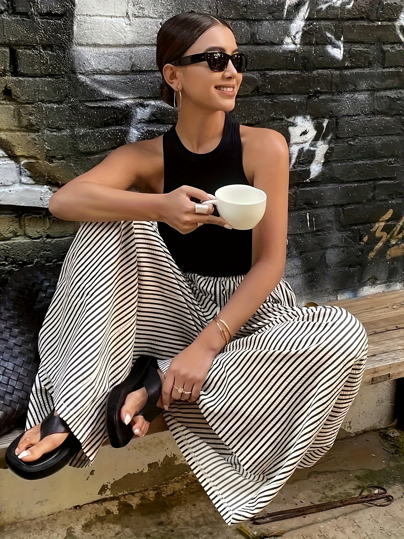 Striped Pocket Wide-Leg Pants for Women, Comfortable for All Seasons