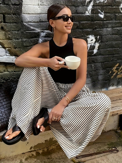 Striped Pocket Wide-Leg Pants for Women, Comfortable for All Seasons